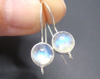 925 Sterling Silver Bezel Rim Genuine Rainbow Moonstone French Ear Wire closed Ring, 23x11mm, EW-0055, June birthstone, choose your finish