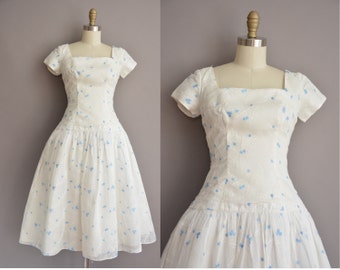 50s white chiffon blue bud vintage party dress / vintage 1950s dress