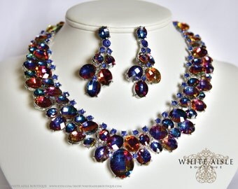 Blue Wedding Jewelry Set, Crystal Statement Necklace Earrings, Vintage Inspired Bridal Necklace, Bridal Earrings, Wedding Necklace Set