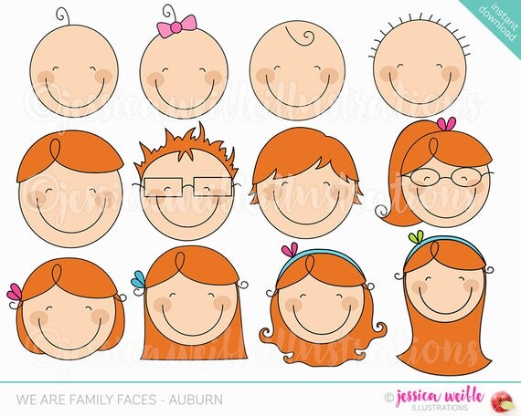 We are Family Faces -Auburn- Cute Digital Clipart for Invitations, Card Design, Scrapbooking, Web Design, Stick Figure Faces Clip Art Il_570xn