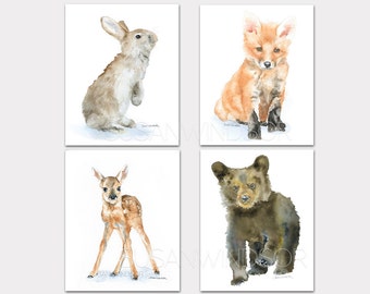 Woodland Watercolor Animal Art Prints Nursery Childrens Room Set of 4 Bear Fox Deer Bunny PORTRAIT-Vertical Orientation