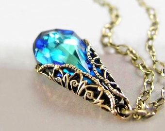 Ocean Blue Necklace Swarovski Blue Crystal Necklace Aqua Blue Pendant Necklace Antique Gold Brass Chain Victorian Jewelry Blue Teardrop