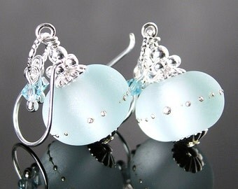 Aquamarine Sea Glass Earrings Sterling Silver Earrings Frosted Seafoam Lampwork Earrings Artisan Jewelry Aquamarine Drop Earrings