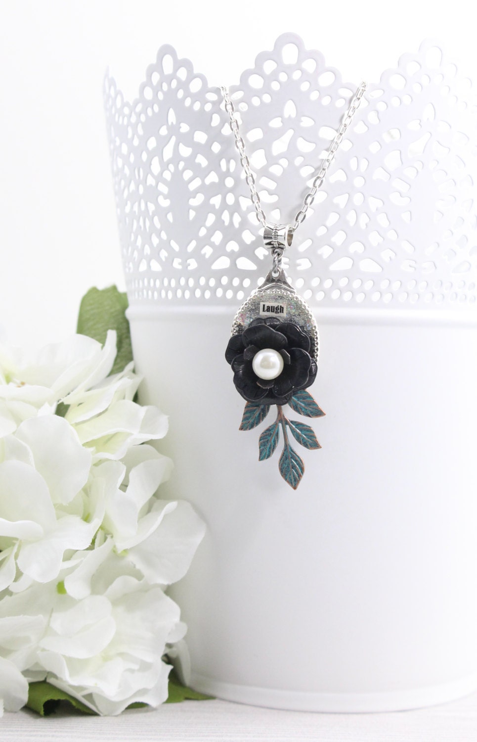 Black Flower Necklace Spoon Necklace Quote by LeilaNicoleDesigns