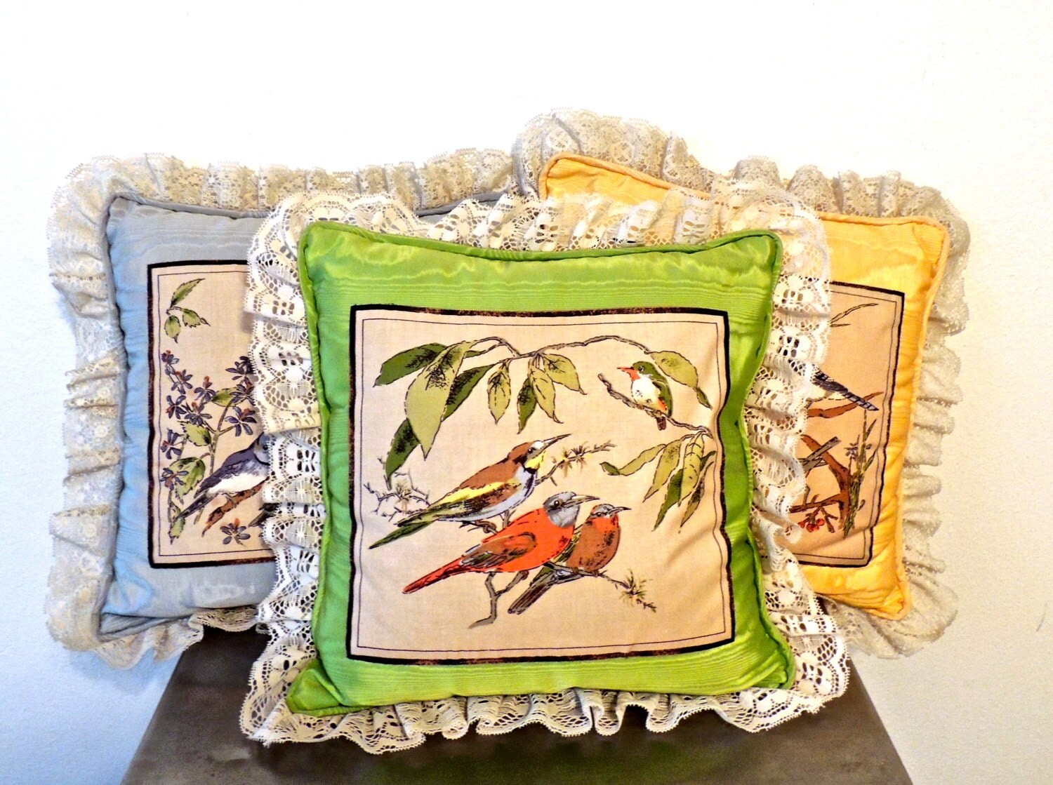 vintage silk throw pillows 1950s60s bird silk/lace pillows