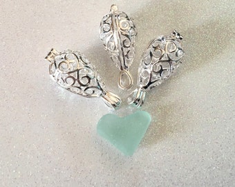 3 - Silver Plated Teardrop Lockets or Bead Cages, Shell or Sea Glass Lockets, beach pendants, Sea charms - FAST SHIPPING
