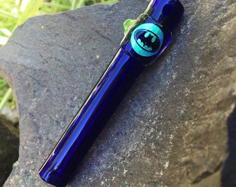 Illuminati accented Cobalt Blue Borosilicate Glass one hitter Chillum Pipe with Batman dichroic image, ships immediately!