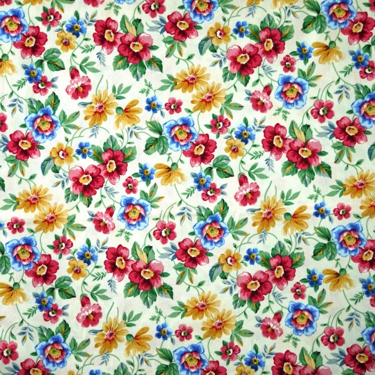 White Red Blue Retro Floral Print Quilting or by DartingDogFabric