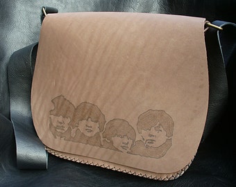 Handmade grey leather bag. The Beatles. "Beatles for Sale" and "Abbey Road" covers. Double drawing.Unisex.