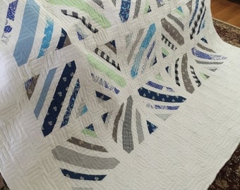 Quilt Between the Line Blues Grays and White Queen Made to Order
