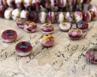 5mm x 3mm Czech Glass Picasso Bead Spacer Rondelle Donut (30) Raspberry Pink White Picasso Mix - Boho Rustic Romantic - Central Coast Charms