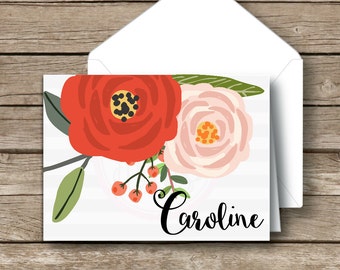 Personalized Fold Over Note Cards-Personalized Stationery-Watercolor Floral Stationery-Note Cards