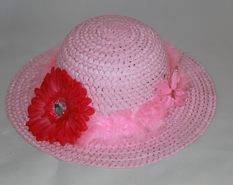 Tea Party Hat - Pink Easter Bonnet with Pink Boa Butterfly - Girls Sun Hat - Easter Hat - Birthday Hat - Sunday Dress Hat - Derby Hat 1675