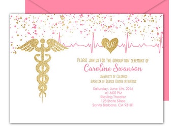 Nursing Graduation Invitation, RN, BSN, LVN, Pink and Gold, Personalized with your info- Printed or Digital