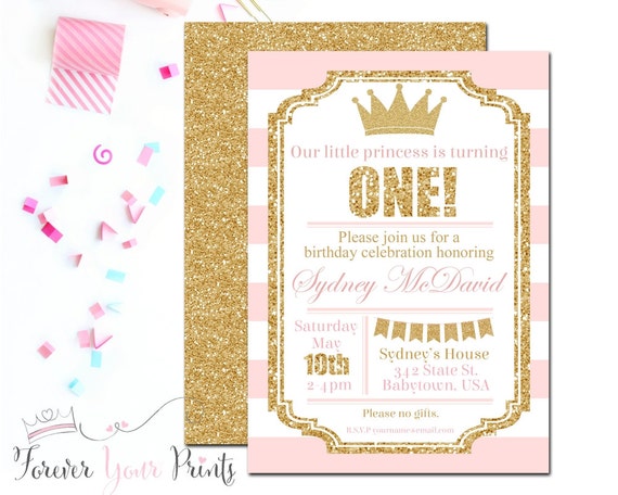Pink and Gold Princess Invitation, Princess Birthday Invitation, Girls 1st Birthday, Princess Party Invite, Gold Glitter, Glitter Invitation Il_570xn
