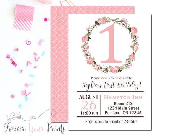 Girls 1st Birthday Invitation, Floral Birthday Invitation, Watercolor Birthday Invitation, First Birthday Invitation, Blush Pink - Rustic Il_570xn