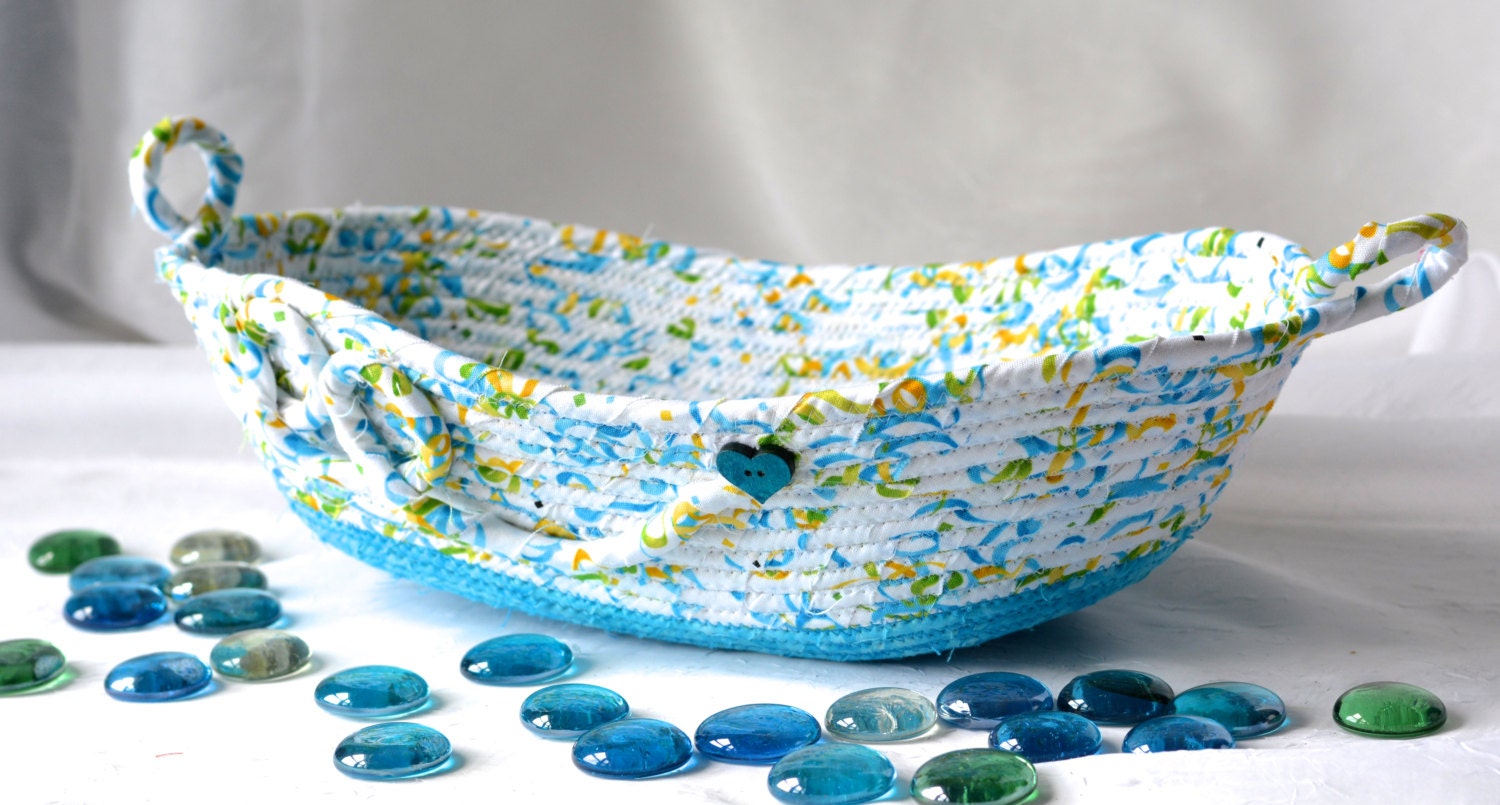 Blue Gift Basket Handmade Remote Control Holder Hand Coiled