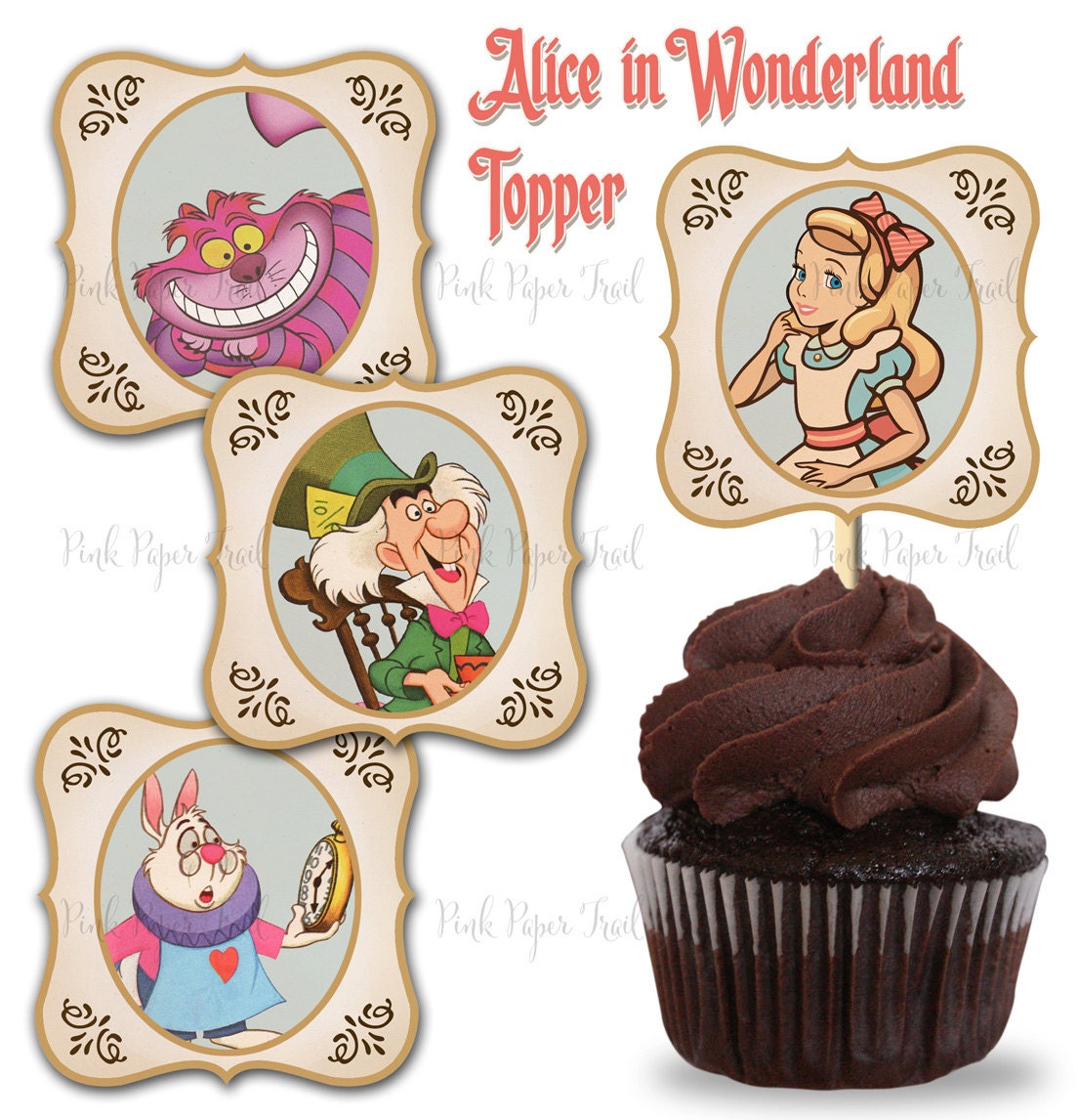 Alice in Wonderland Cupcake Topper Tag Favor Tag Instant