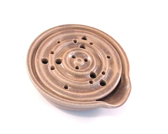 One Soap Dish with Drain Tray - One Piece Soap Saver for Kitchen or Bath - Handmade Pottery Glazed Oatmeal Tan