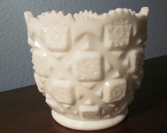 COUPON SALE 20% OFF Vintage Westmoreland "Old Quilt" Cut Design Milk Glass Container