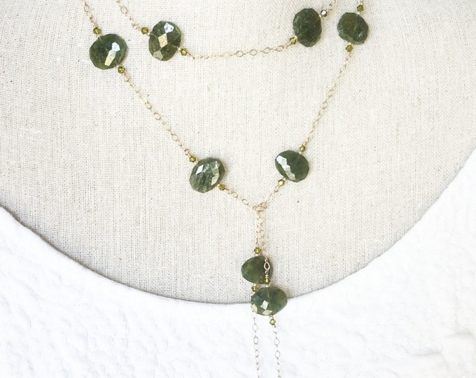 Long Green Garnet and Crystal Lariat Necklace, Green Garnet Lariat Necklace, Green Garnet Lariat, Green Garnet Necklace, Garnet Lariat