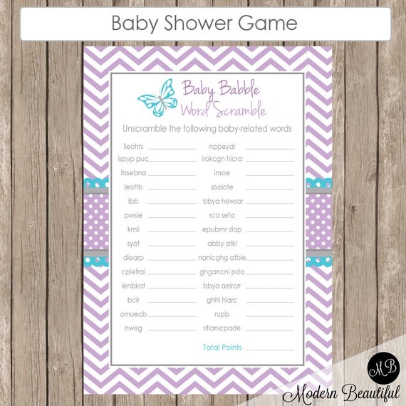 Purple and teal word scramble shower game butterfly baby