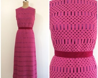 1960s Crochet Knit Maxi Dress Vintage 60s Fuschia Magenta Winklemans Sweater Dress