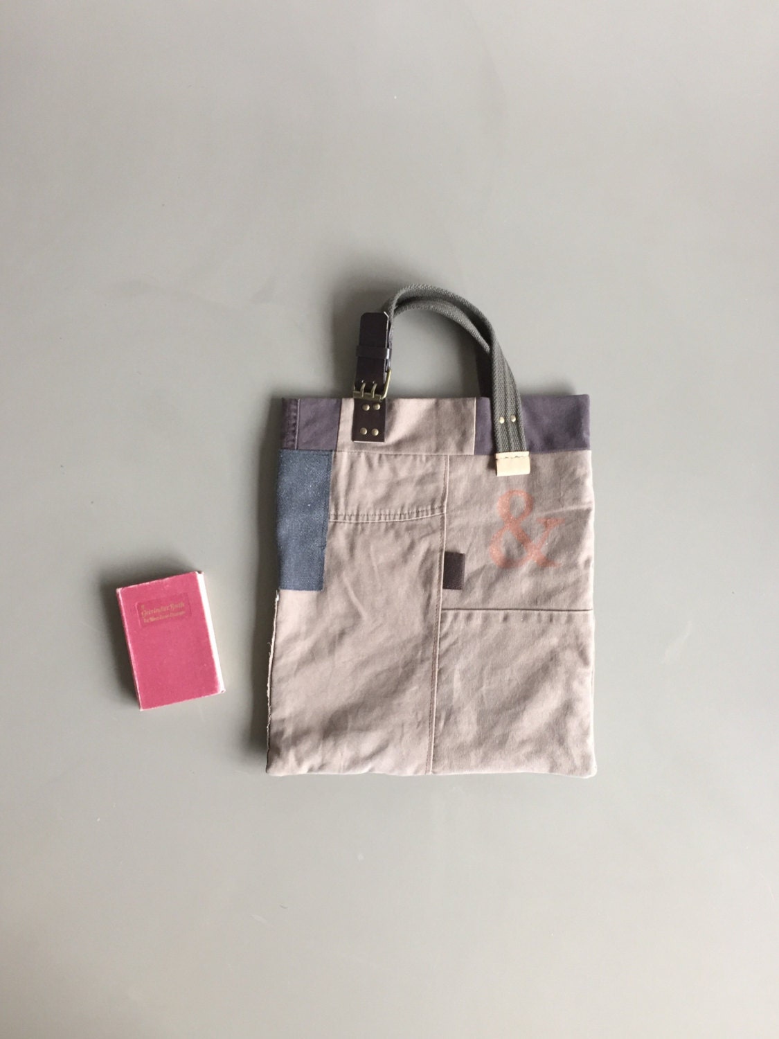 brown patchwork tote book bag repurposed bag canvas cotton