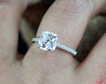 White Sapphire & Diamond Engagement Ring Cushion Cathedral 2.5ct 8mm 14k 18k White Yellow Rose Gold-Platinum-Custom made-Wedding-Anniversary