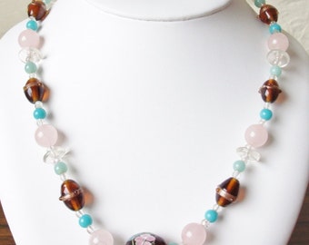 Vintage 20" Rose Quartz Lamp Work Glass Bead Handmade Bead Necklace