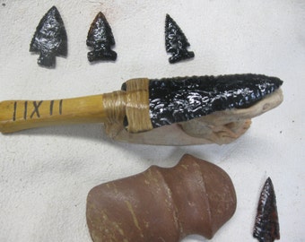Black obsidian knife blade, Osage orange wooden handle
