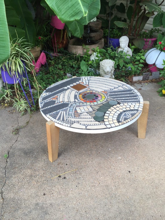 Vintage Mosaic Coffee Table Inlaid Artist Designed TriLeg