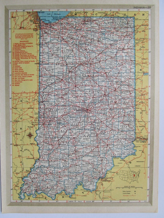 Vintage 1952 INDIANA RAILROAD Map. 8x11. Nickel Plate Road