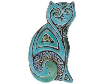 Ceramic cat // Cat sculpture // Cat Wall art // Ceramic art // Cat ornament // Deco cat left // 26cm // Turquoise