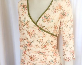 beige romantic flloral v-neck dress, retro 40's, 50's dress, summer dress, 3/4 sleeves, knee length, BRIDESMAID, loose skirt