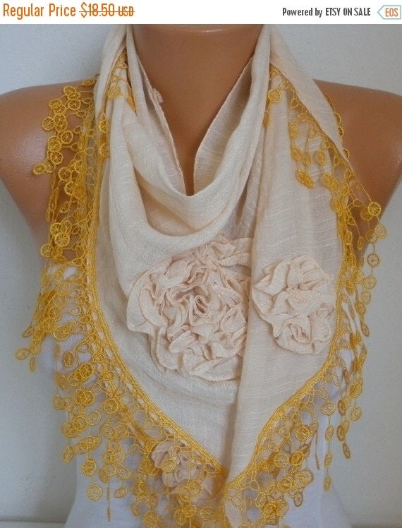 Cream Cotton Floral Scarf Spring Summer ScarfCowl Lace by fatwoman