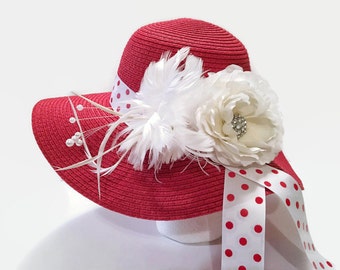 Red Wide Brim Dressy Hat, Red Hat With White Embellishments, Dressy Hat, Special Occasion, Church Hat