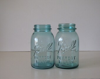 Vintage Quart Aqua Ball Canning Jars - set of fwo