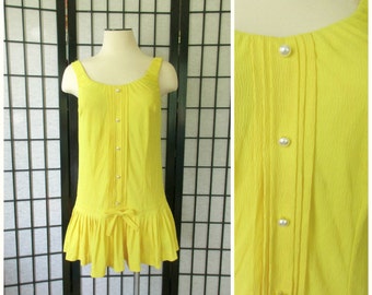 Vintage Bathing Suit by Catalina of California 1960s 1970s Bright Lemon Yellow Swimwear M L Skirt with Bow Label Size 10 Faux Pearl Buttons