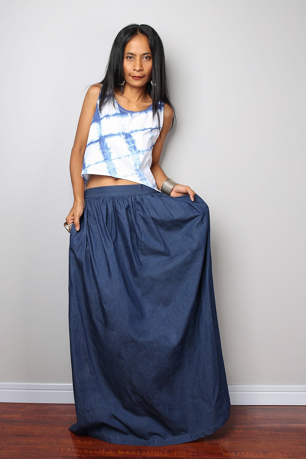 Denim Skirt / Maxi Skirt / Dark Blue Denim Skirt : The Denim