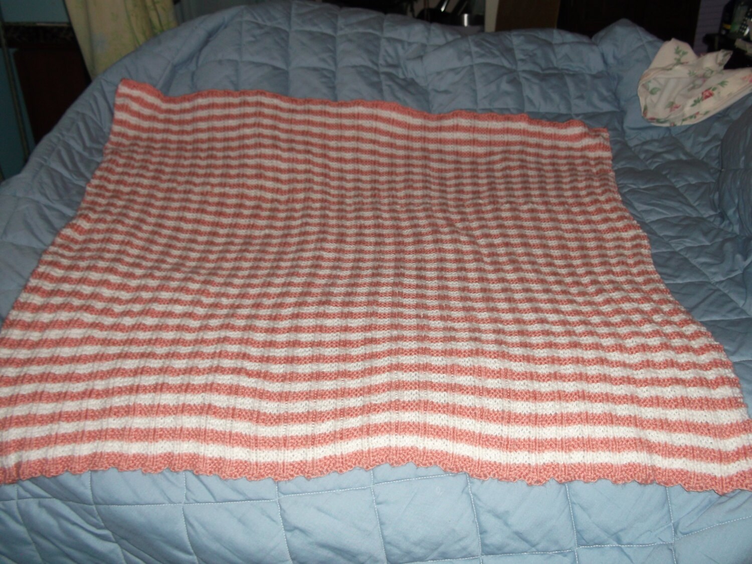 Baby blanket peach and white stripes knit