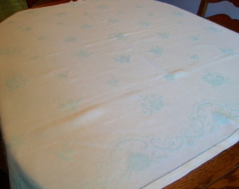 Linen Embroidered Tablecloth Aqua Embroidery Vintage Table Linens Table Cover
