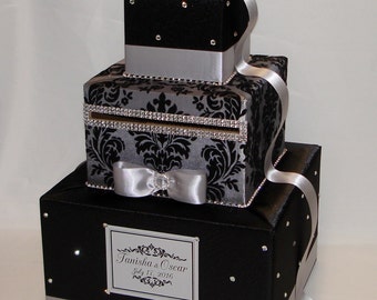 Black and Silver (Gray) Damask Card Box-Rhinestone accents