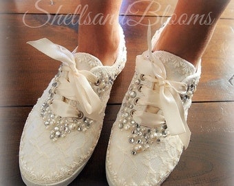 Wedding Bridal Flat Tennis Shoes chic white lace