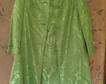 60s green paisley sateen dress and coat set, hand made.
