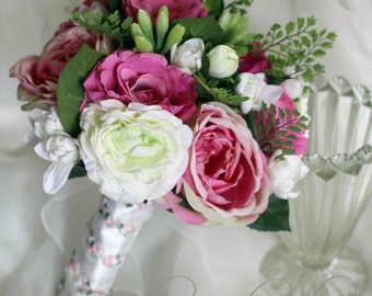Maya- Wedding bouquet - white and dark, hot pink flowers. Roses, rannunculas, lissianthus, tubberrose and maiden hair fern.