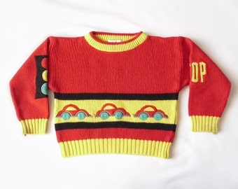 Vintage Baby Ugly Sweater - Cars - Stop Light - Red and Yellow - Nascar - 4T