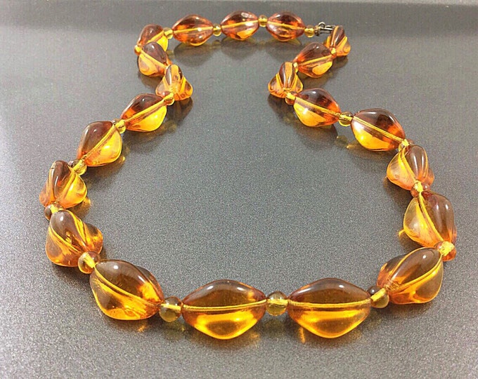 Antique Smooth Fine Amber Czech Glass Bead Necklace. Shapely Early Glass Necklace. Quality Old Glass Honey Orange Beads.