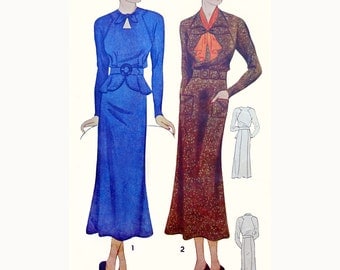 1930s Style Raglan Sleeve Keyhole Neck Dress with Peplum and Slim Skirt Custom Made in Your Size From a Vintage Pattern