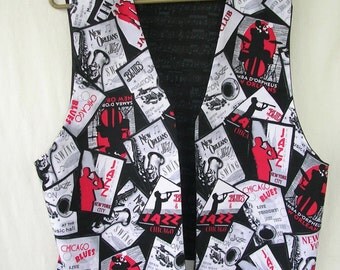 Jazz Theme Musical Vest, Black with Gray Sheet Music Reverse Mens Medium